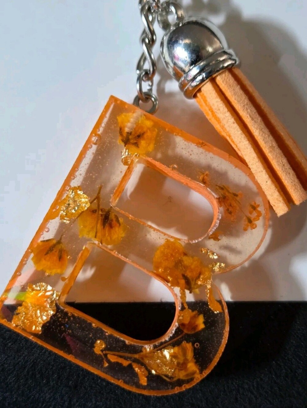 Personalized Orange Resin Letter B Keyring with Tassel